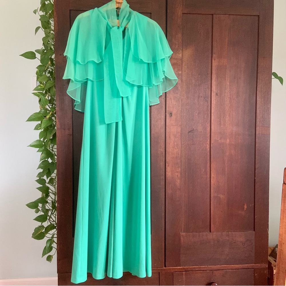 Vintage 1970s Full Length Gown With Sheer Capelet